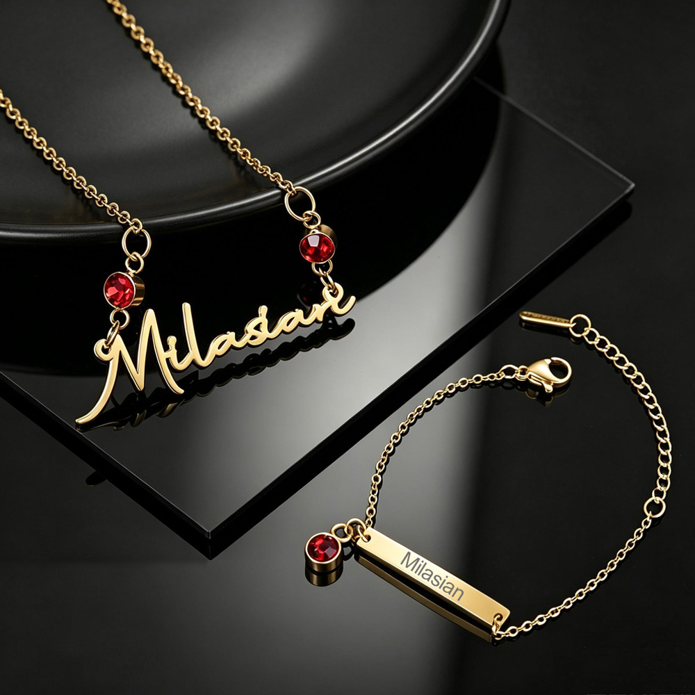 Birthstone Ring Set - Custom Baby Name Birthstone 35cm Necklace