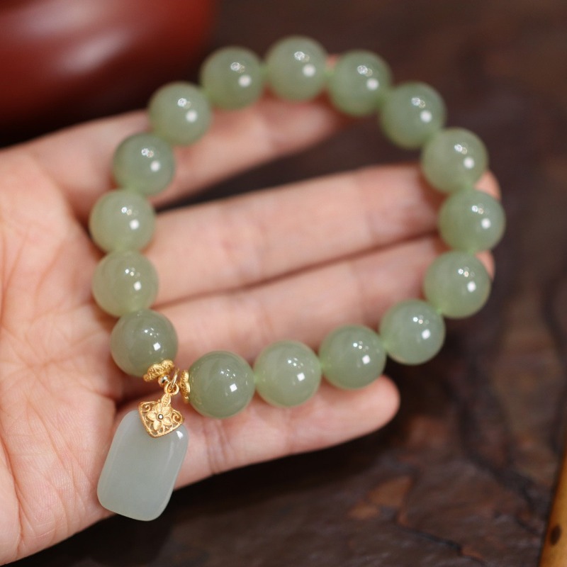 Gemstone Bracelet Healing - Natural Hotan Jade Bead flower lotusBracelet