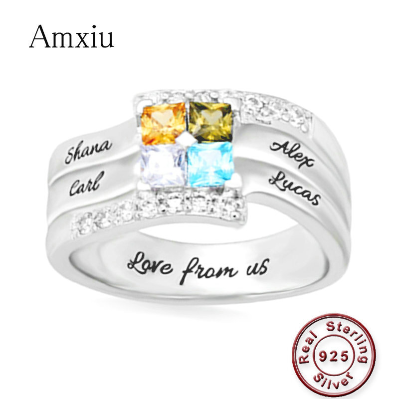 Birthstone Ring Set - Amxiu Customize Four Family Names Rings