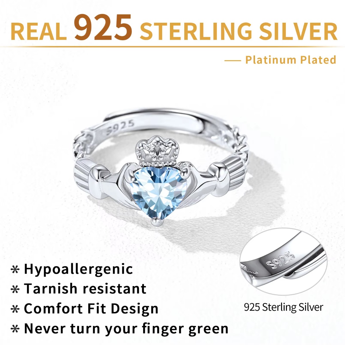 U7 3mm 925 Silver Claddagh Rin - Birthstone Ring Set 评论和价格