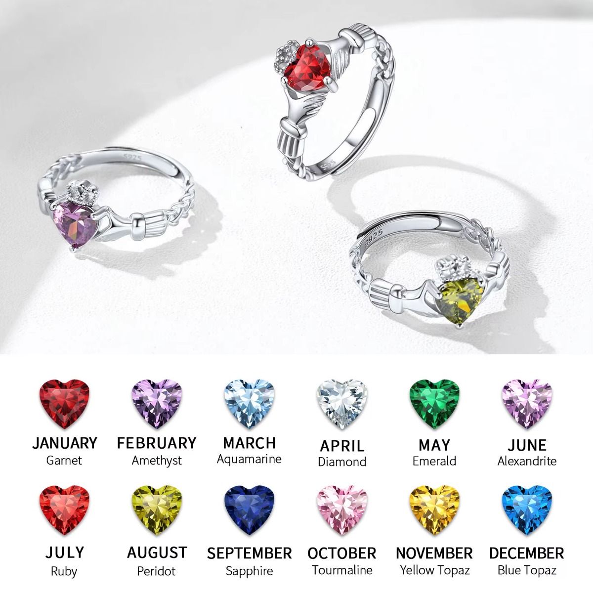 U7 3mm 925 Silver Claddagh Rin - Birthstone Ring Set 评论和价格