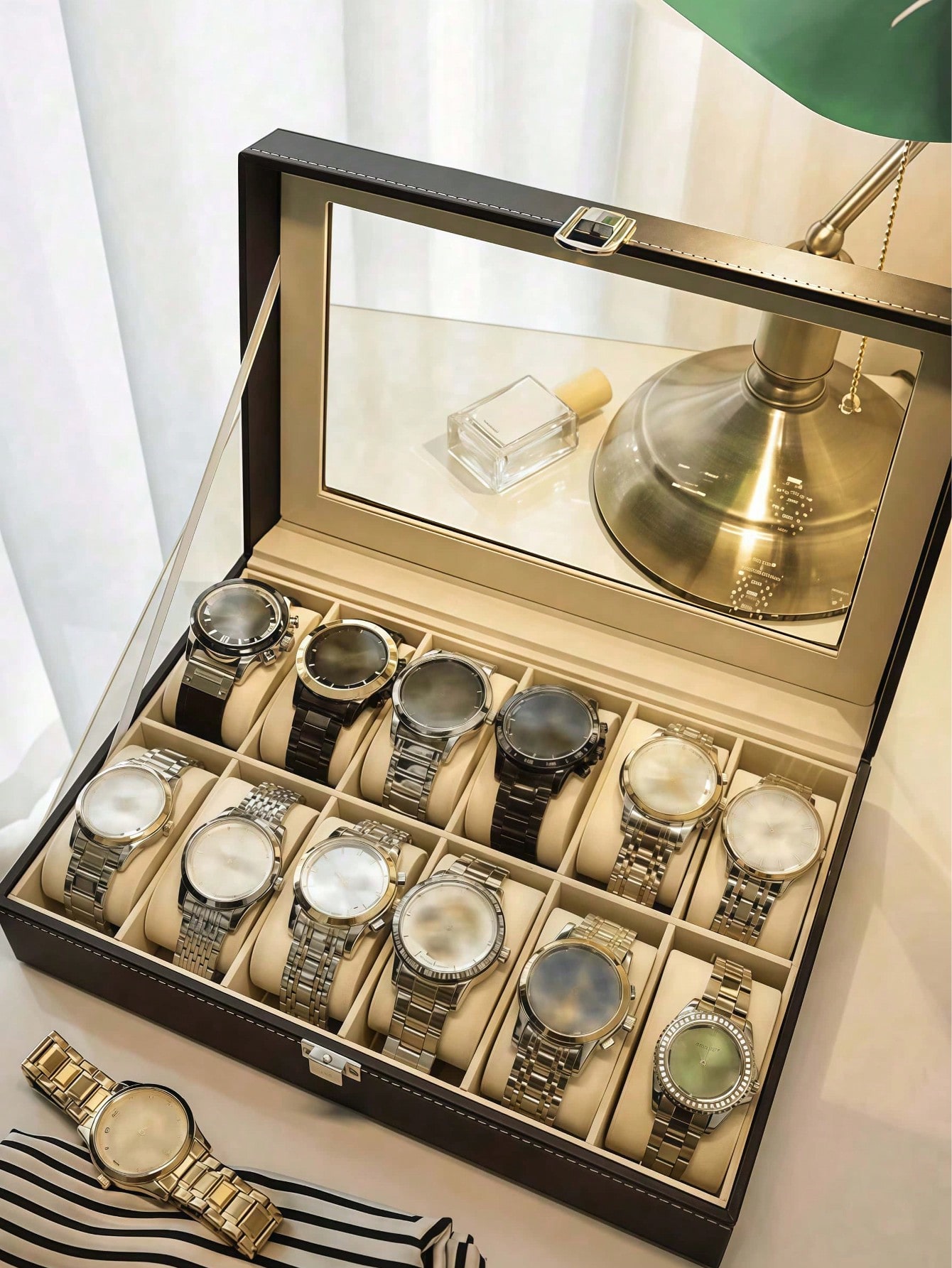 Leather Watch Box with Lock, L - Mystery Jewelry Jar Watches 评论和价格